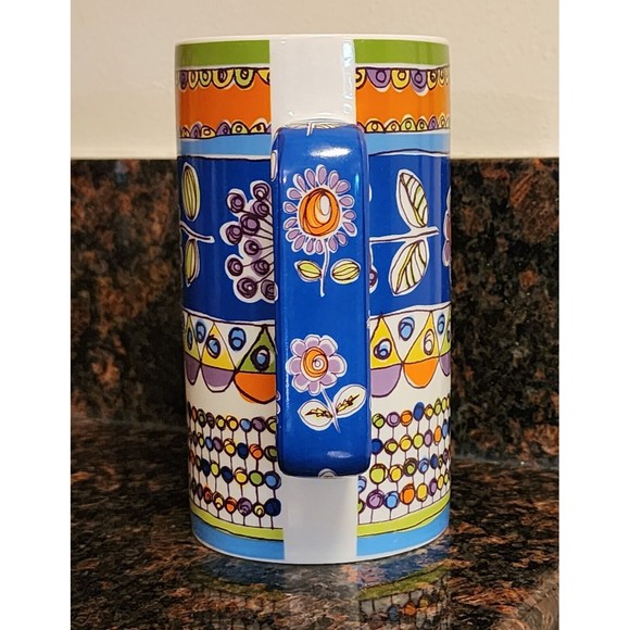 Rare Pier 1 Porcelain Mug Colorful Floral Blue Orange Purple Green 6" Tall - Picture 5 of 9